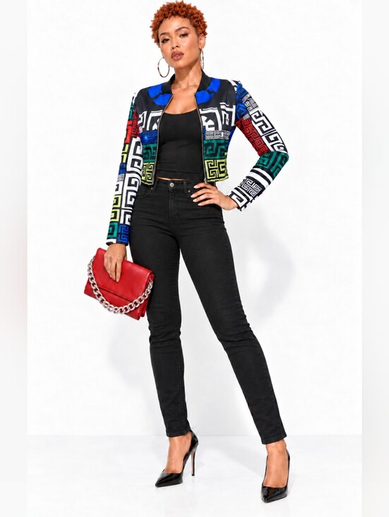 Jackets & Blazers - Multicolor Greek Key Geometric Print Cropped Zip-Front Jacket
